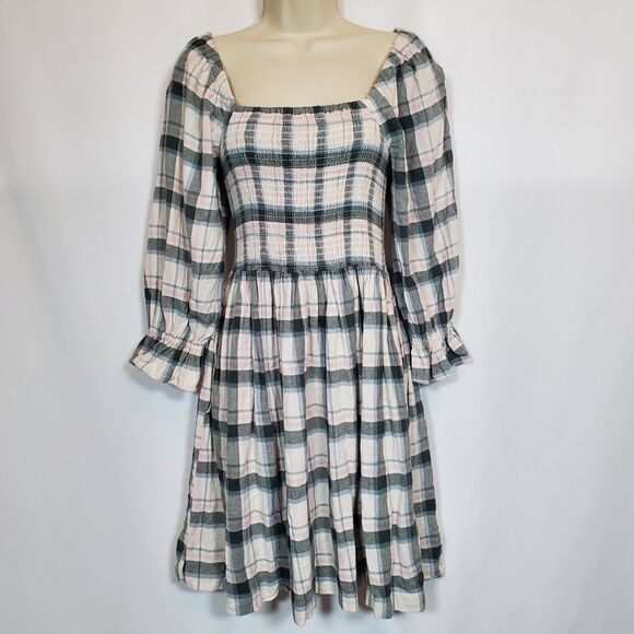 Madewell Women’s Lucie Smocked Mini Dress Small Lebaum Plaid 3/4 Sleeve Preppy - Picture 2 of 10